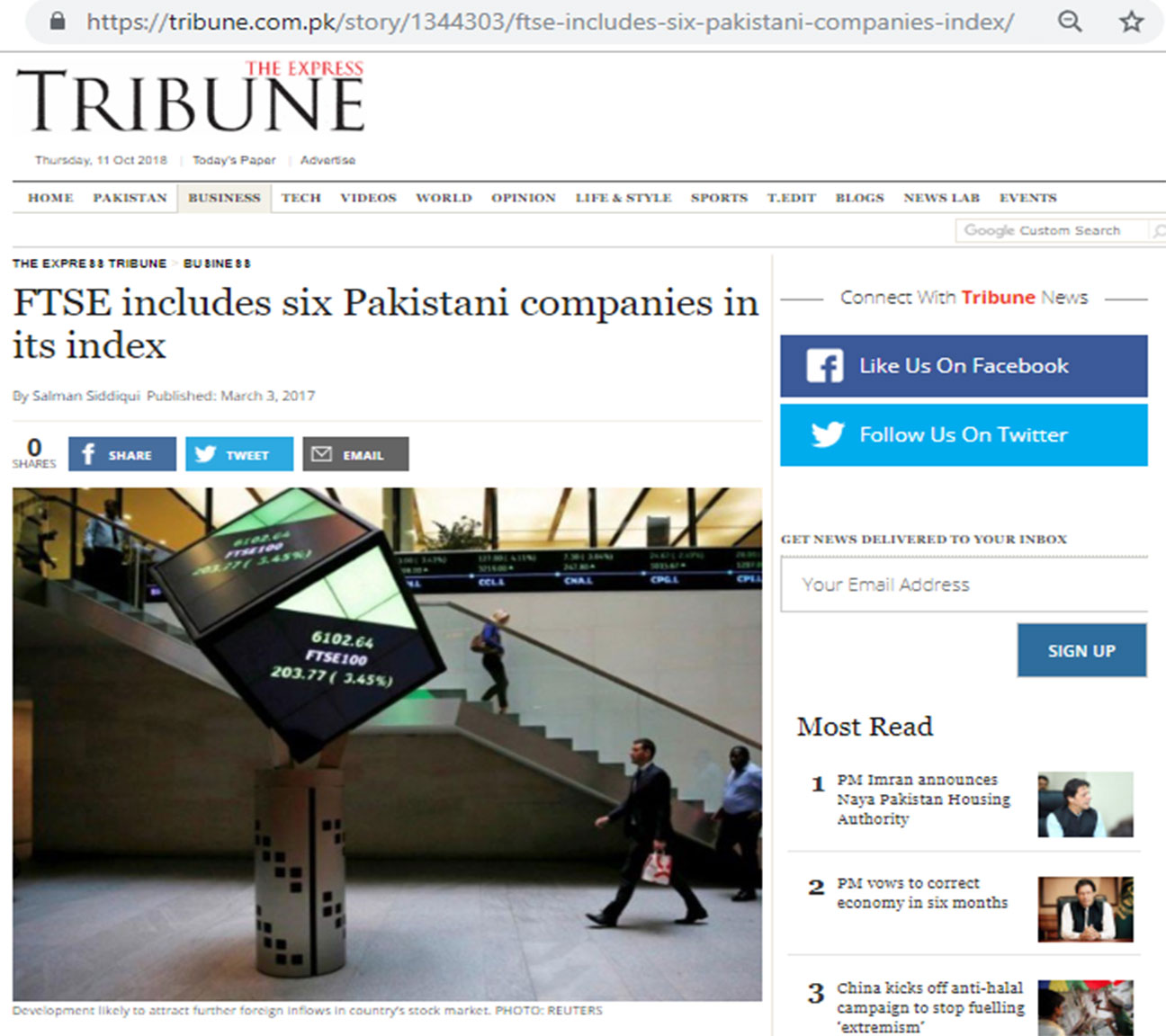 FTSE INCLUDES SIX PAKISTANI  COMPANIES IN ITS INDEX