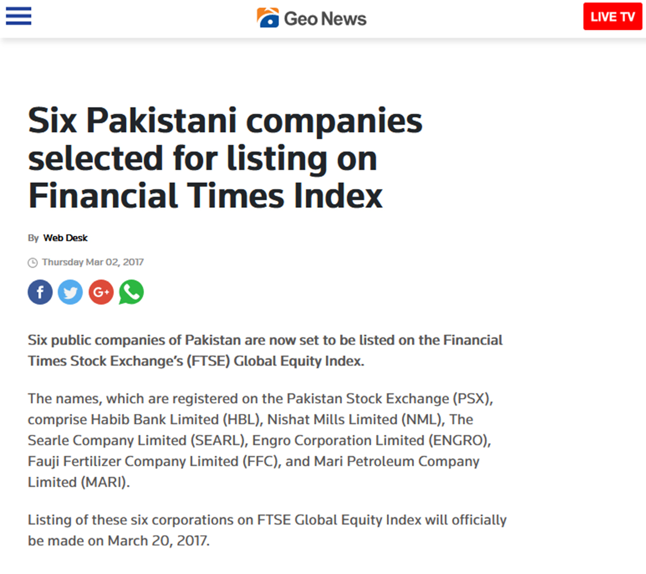 SIX PAKISTANI COMPANIES SELECTED FOR LISTING ON  FINANCIAL TIMES INDEX