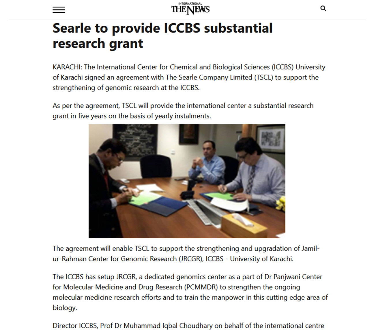 SEARLE TO PROVIDE ICCBS SUBSTANTIAL  RESEARCH GRANT