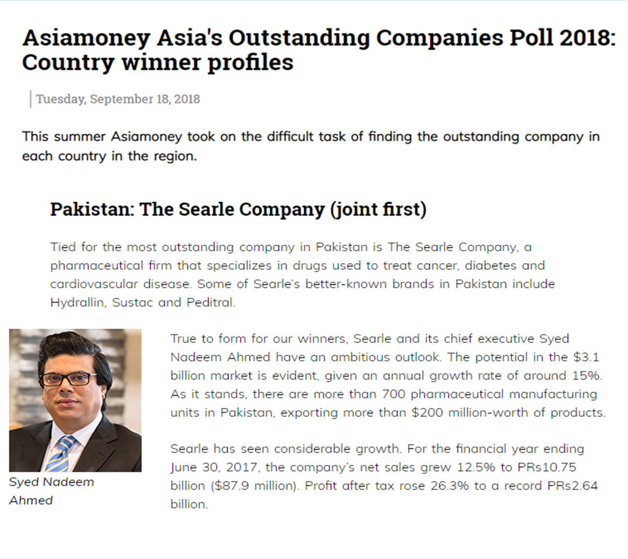 SEARLE LEADING THE RACE IN ASIAMONEY  ASIA’S OUTSTANDING COMPANIES POLL 2018