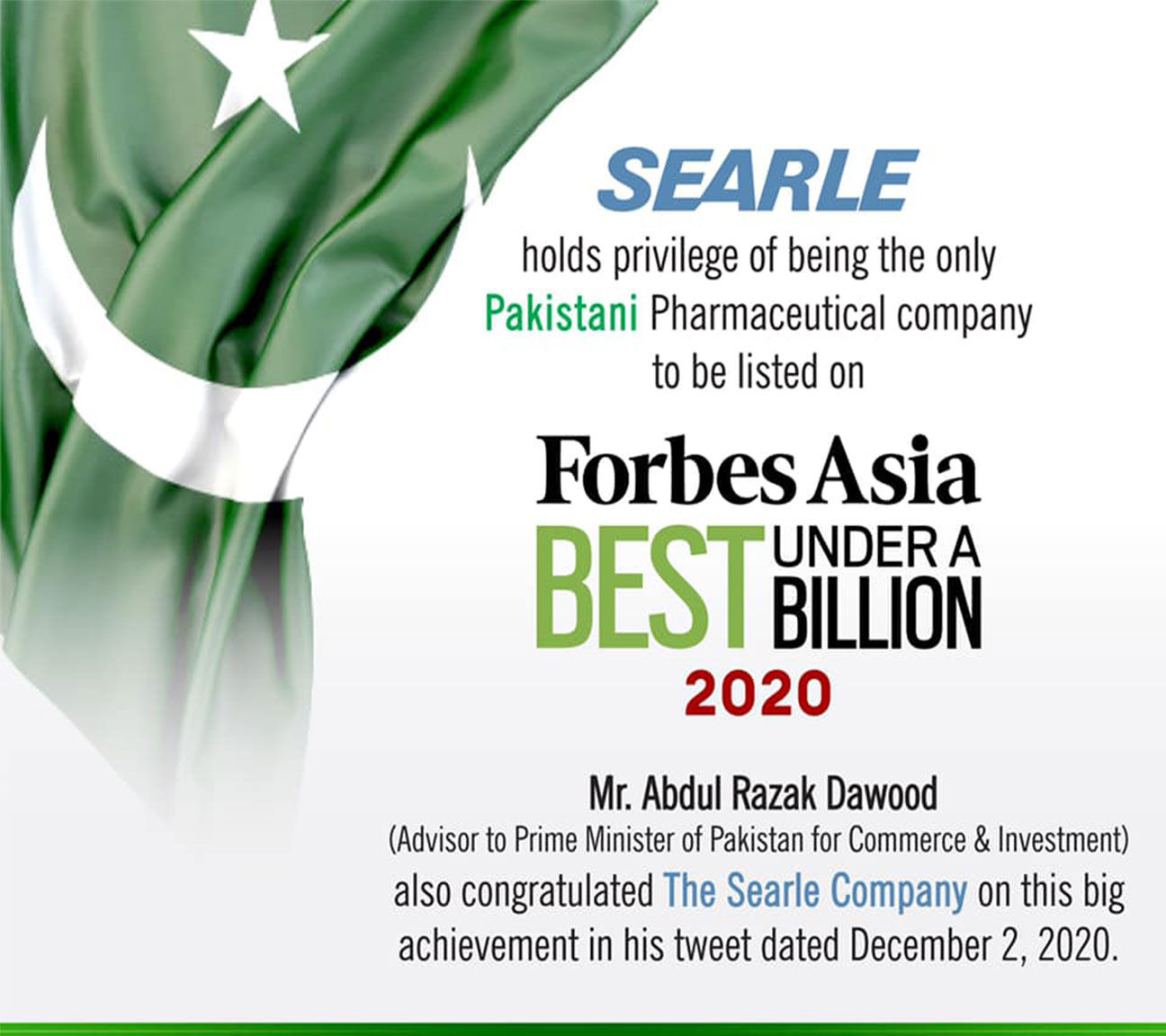 SEARLE IS THE ONLY PHARMACEUTICAL  COMPANY LISTED IN THE FORBES 2020 “ASIA’S BEST UNDER A BILLION“ LIST